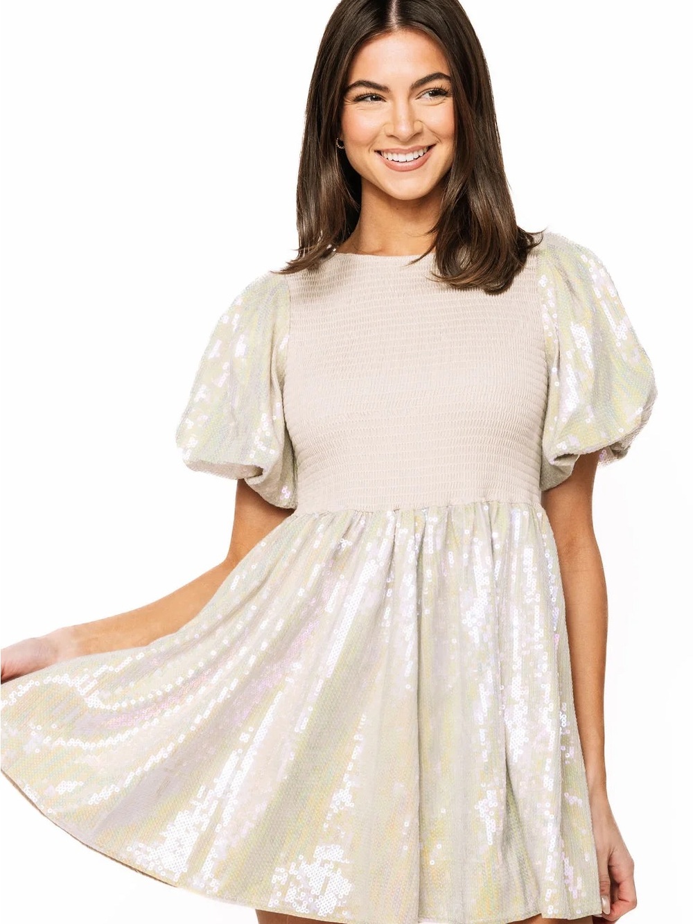 QUEEN OF SPARKLES Iridescent Cream Puff-Sleeve Mini Dress